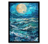 Artery8 Oceans Waves Under Full Moon Oil Painting Dark Framed Art Print in Blue | Size: A4 Artery8 Blue A4