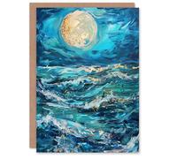 Artery8 Oceans Waves Under Full Moon Oil Painting Dark Greeting Birthday Card Him Her All Blank