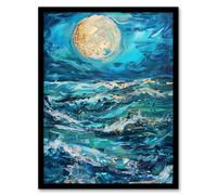 Artery8 Oceans Waves Under Full Moon Oil Painting Dark Bathroom Artwork Framed Wall Art Print A4