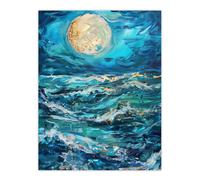 Oceans Waves Under Full Moon Oil Painting Dark Wall Art Print Artery8 Blue W24 inch x H32 inch