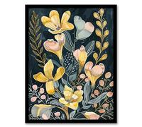 Artery8 Ochre Freesia Flowers Painting Dark Wildflowers Living Room Artwork Framed Wall Art Print A4
