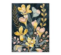 Artery8 Ochre Freesia Flowers Painting Dark Wildflowers Living Room Extra Large XL Wall Art Poster Print