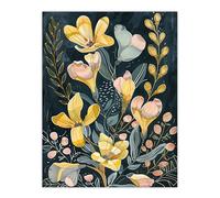 Artery8 Ochre Freesia Flowers Painting Dark Wildflowers Wall Art Print in Yellow | Size: W12" x H16" Artery8 Yellow W12" x H16"