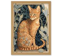 Artery8 Ocicat Cat with Flower Pattern Fur Coat Art Nouveau Watercolour Illustration Artwork Framed Wall Art Print A4 in Light Oak Artery8 Light Oak