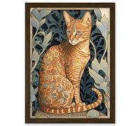 Artery8 Ocicat Cat with Flower Pattern Fur Coat Art Nouveau Watercolour Illustration Artwork Framed A3 Wall Art Print