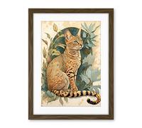Artery8 Ocicat Cat with Teal Rosette Pattern Fur and Leafy Plants Watercolour Illustration Artwork Framed Wall Art Print 18X24 Inch