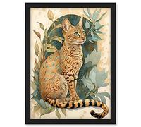 Artery8 Ocicat Cat with Teal Rosette Pattern Fur and Leafy Plants Watercolour Illustration Artwork Framed A3 Wall Art Print
