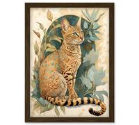 Artery8 Ocicat Cat with Teal Rosette Pattern Fur and Leafy Plants Watercolour Illustration Artwork Framed Wall Art Print A4