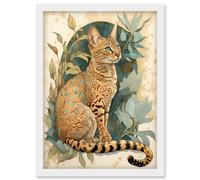 Ocicat Cat with Teal Rosette Pattern Fur and Leafy Plants Watercolour Illustration Artwork Framed Wall Art Print A4 Artery8 White One Size