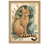 Ocicat Cat with Teal Rosette Pattern Fur and Leafy Plants Watercolour Illustration Artwork Framed Wall Art Print A4 Artery8 Light Oak One Size