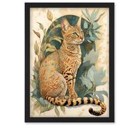 Artery8 Ocicat Cat with Teal Rosette Pattern Fur and Leafy Plants Watercolour Illustration Artwork Framed Wall Art Print A4