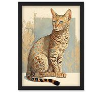 Artery8 Ocicat Cat with Turquoise Rosette Pattern Fur Modern Watercolour Illustration Artwork Framed Wall Art Print A4