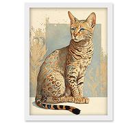 Artery8 Ocicat Cat with Turquoise Rosette Pattern Fur Modern Watercolour Illustration Artwork Framed Wall Art Print A4