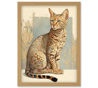 Artery8 Ocicat Cat with Turquoise Rosette Pattern Fur Modern Watercolour Illustration Artwork Framed Wall Art Print A4