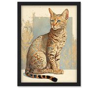 Artery8 Ocicat Cat with Turquoise Rosette Pattern Fur Modern Watercolour Illustration Artwork Framed Wall Art Print A4