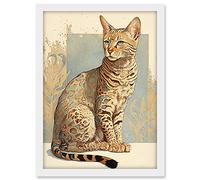 Artery8 Ocicat Cat with Turquoise Rosette Pattern Fur Modern Watercolour Illustration Artwork Framed A3 Wall Art Print