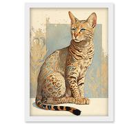 Artery8 Ocicat Cat with Turquoise Rosette Pattern Fur Modern Watercolour Illustration Artwork Framed Wall Art Print A4 in White Artery8 White