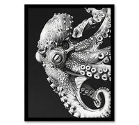 Artery8 Octopus Black White Drawing Ernst Haeckel Style Framed Art Print in Grey | Size: A4 Artery8 Grey A4
