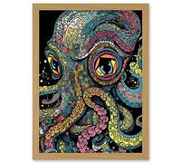 Artery8 Octopus Colourful Psychedelic Patterns Orange Pink Blue Yellow Sea Ocean Artwork Framed A3 Wall Art Print