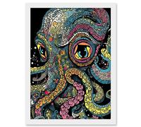 Artery8 Octopus Colourful Psychedelic Patterns Orange Pink Blue Yellow Sea Ocean Artwork Framed A3 Wall Art Print