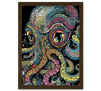 Artery8 Octopus Colourful Psychedelic Patterns Orange Pink Blue Yellow Sea Ocean Artwork Framed Wall Art Print A4