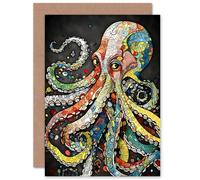 Artery8 Octopus Eyes Colourful Doodle Custom Greeting Card Personalised Message Inside for Him or Her Man Woman Birthday Thank You Congratulations