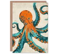 Artery8 Octopus Modern Turquoise Orange Teal Design Blank For Him Or Her Art Birthday Card