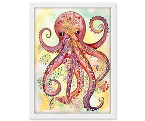 Artery8 Octopus Portrait Bright Folk Art Watercolour Painting Artwork Framed A3 Wall Art Print