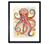 Artery8 Octopus Portrait Bright Folk Art Watercolour Painting Artwork Framed Wall Art Print 12X16 Inch