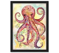 Artery8 Octopus Portrait Bright Folk Art Watercolour Painting Artwork Framed Wall Art Print A4