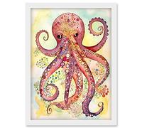 Artery8 Octopus Portrait Bright Folk Art Watercolour Painting Artwork Framed Wall Art Print A4