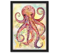 Octopus Portrait Bright Folk Art Watercolour Painting Artwork Framed Wall Art Print A4 Artery8 Black One Size