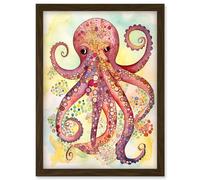 Artery8 Octopus Portrait Bright Folk Art Watercolour Painting Artwork Framed Wall Art Print A4 in Brown Artery8 Brown