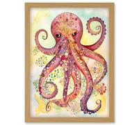 Octopus Portrait Bright Folk Art Watercolour Painting Artwork Framed Wall Art Print A4 Artery8 Light Oak One Size