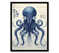 Wall Art Print Octopus Robot Hybrid Schematic Blue Futuristic Secret Complex Arcane Manuscript Gift For Him Man Cave Art Framed Artery8 Black A4