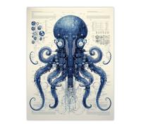 Artery8 Octopus Robot Hybrid Schematic Blueprint Futuristic Secret Complex Arcane Manuscript Gift For Him Man Cave Unframed Wall Art Print Poster Artery8 Multicolor W18" x H24"