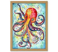 Artery8 Octopus Swimming In Air Bubbles Folk Art Watercolour Painting Artwork Framed A3 Wall Art Print