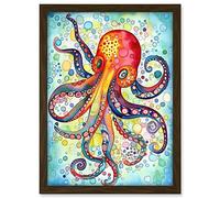 Artery8 Octopus Swimming In Air Bubbles Folk Art Watercolour Painting Artwork Framed A3 Wall Art Print
