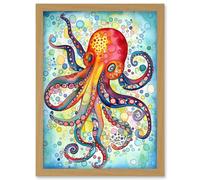 Octopus Swimming In Air Bubbles Folk Art Watercolour Painting Artwork Framed Wall Art Print A4 Artery8 Light Oak One Size
