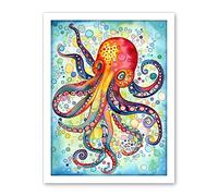 Artery8 Octopus Swimming In Air Bubbles Folk Art Watercolour Painting Artwork Framed Wall Art Print 18X24 Inch
