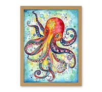 Artery8 Octopus Swimming In Air Bubbles Folk Art Watercolour Painting Artwork Framed Wall Art Print 18X24 Inch