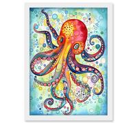 Artery8 Octopus Swimming In Air Bubbles Folk Art Watercolour Painting Artwork Framed Wall Art Print A4