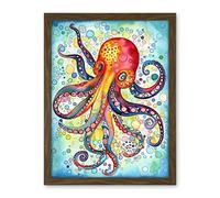 Artery8 Octopus Swimming In Air Bubbles Folk Art Watercolour Painting Artwork Framed Wall Art Print 18X24 Inch
