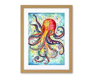 Artery8 Octopus Swimming In Air Bubbles Folk Art Watercolour Painting Artwork Framed Wall Art Print 18X24 Inch