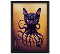 Artery8 Octopussy Surreal Cat Octopus Hybrid Purple Artwork Framed Wall Art Print A4 in Black Artery8 Black