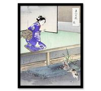 Artery8 Ogata Gekko Framed Wall Art Print Orchid Broken Plant Pot And Cat - A4 Size