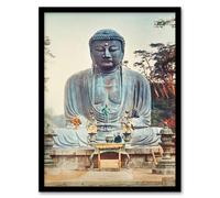 Artery8 Ogawa Kazumasa Framed Wall Art Print The Bronze Buddha at Kamakura in Blue | Size: A4 Artery8 Blue A4