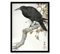 Artery8 Ohara Koson Framed Wall Art Print A Crow & The Full Moon in Grey | Size: A3 Artery8 Grey A3