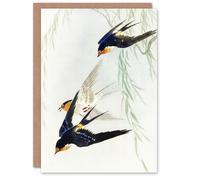 Artery8 Ohara Koson Art Card Swallows Three Birds In Full Flight in Blue Artery8 Blue