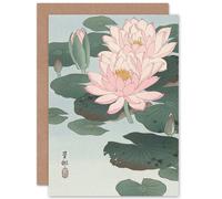 Artery8 Ohara Koson Flowering Water Lily Painting Fine Art Greetings Card in Pink Artery8 Pink